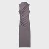 2024 Sleeveless Pleated Stand Collar Midi Dress - Solid Color Slim Fit