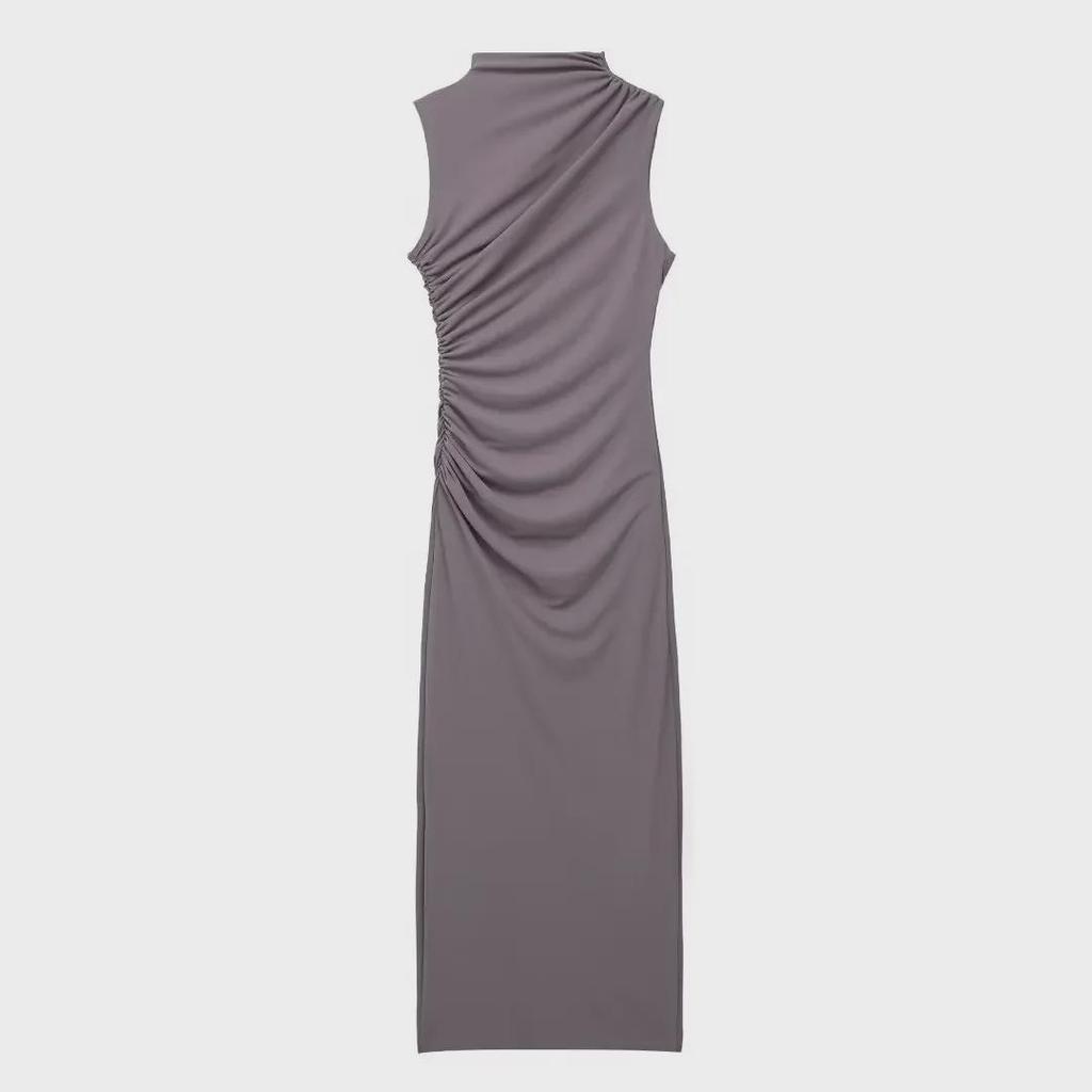 2024 Sleeveless Pleated Stand Collar Midi Dress - Solid Color Slim Fit