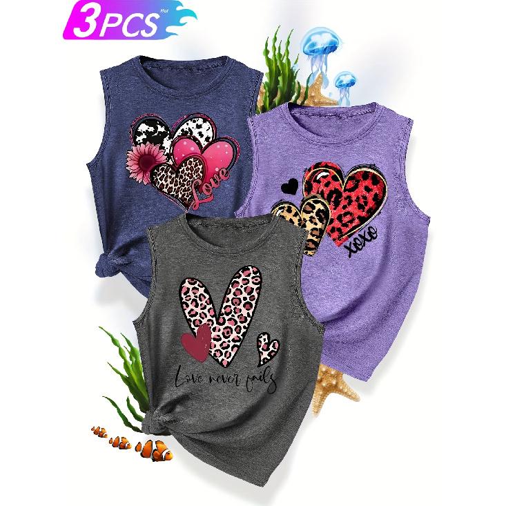 3Matching Sister Outfit Set with Heart Print, Fashionable, Simple, Fresh, Casual Sporty Style for Spring and Autumn, Round Neck Tank Top, Available
