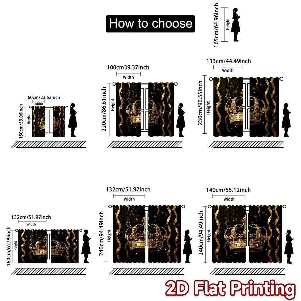 Set Of 2 Flat Printing Scene Curtain Golden Royal Crown Digital Printed Polyester Drapes Family Party Decoration Living Room Curtains Made Great
