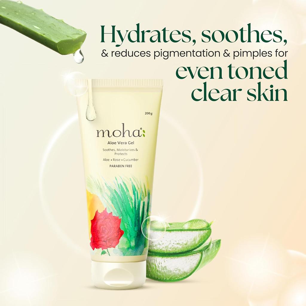 MOHA Aloe Vera Gel 200 Ml X Pack of 2 for Face, Skin & Hair | Hydrating, Soothing, Lightweight Organic Gel with Rose & Cucumber