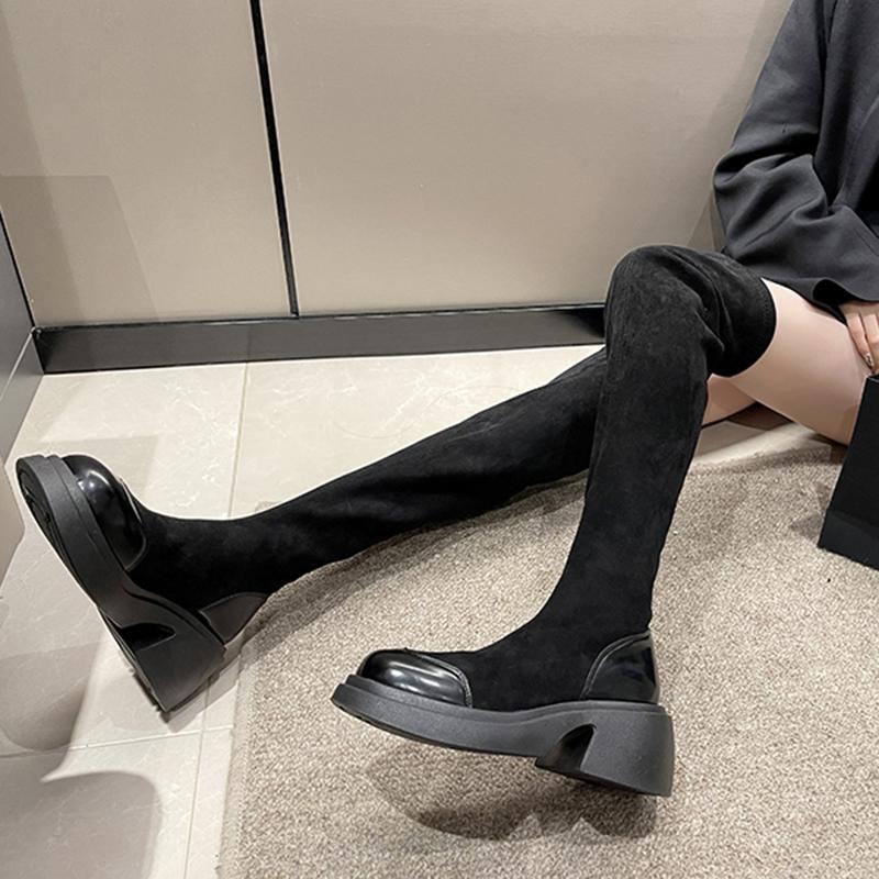 Block Heel Over The Knee Boots Fashion Round Toe Spliced Flannelette Platform Non-Slip Skinny Boots