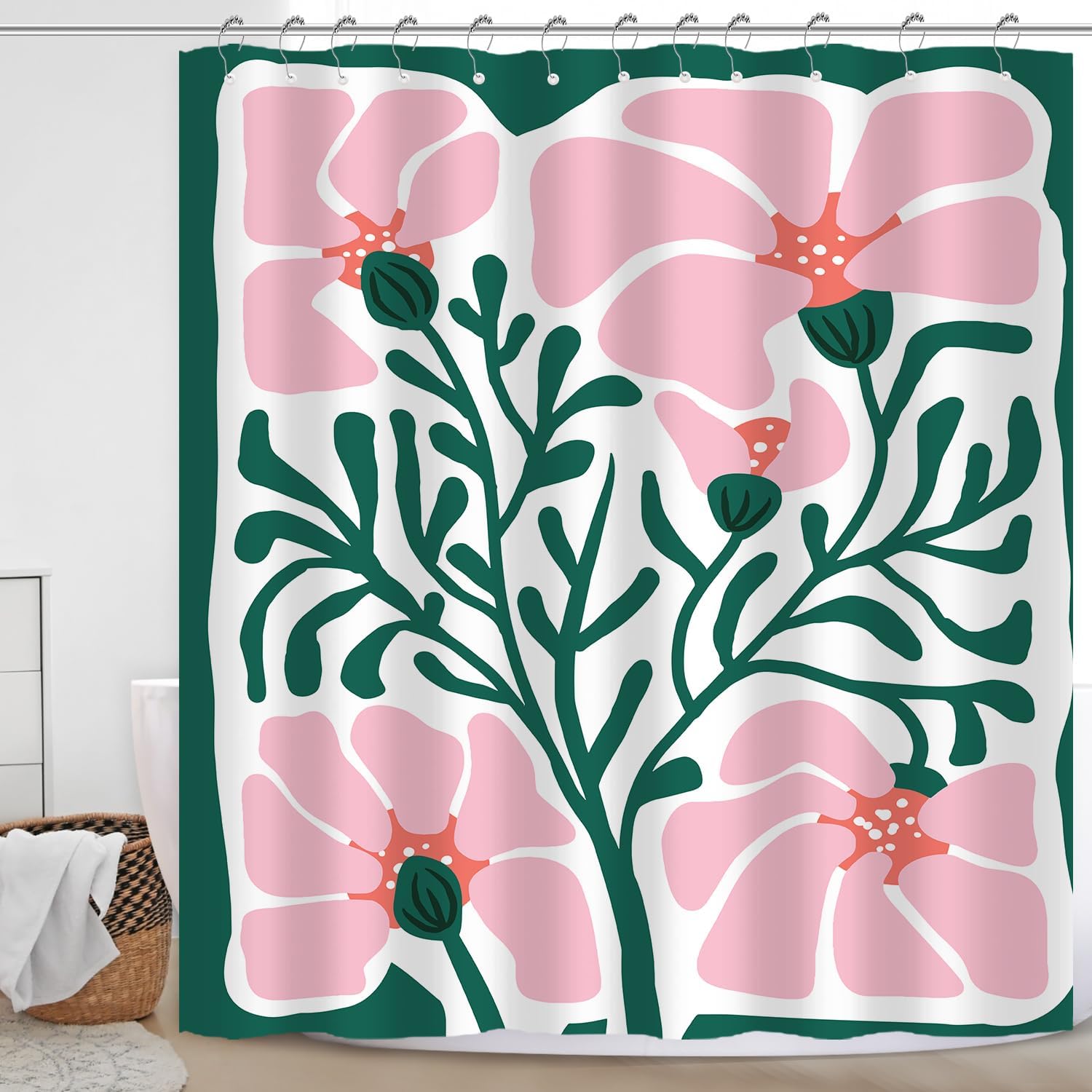 

Retro Funky Matisse Shower Curtain, Abstract Floral Leaf Green Pink Boho Art, Waterproof Fabric 90x180CM