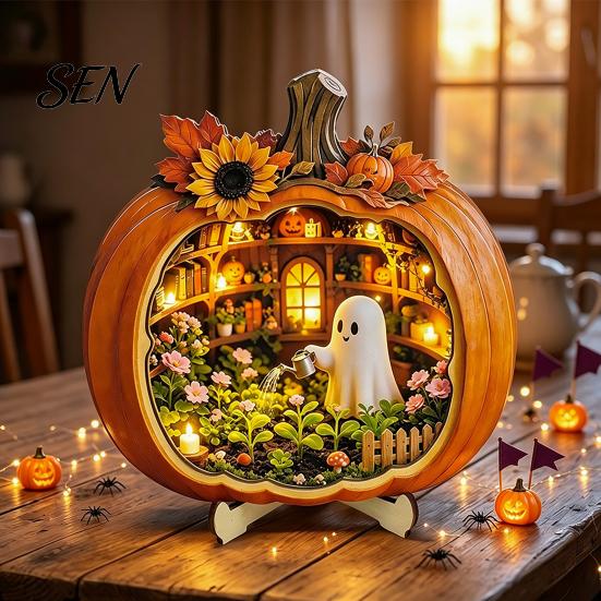 Solid Wood Autumn Home Accents Halloween Ghost Pumpkin Tabletop Sign, Wooden House with Mini Tiered Tray Ornaments Scene, Fall Harvest Desktop