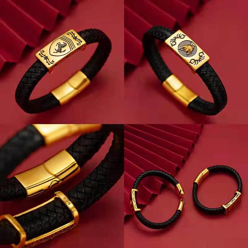 Ox-Themed Leather Cord Bracelet: Vietnamese Sand Gold Ethnic Style for Men's Fashion - Instant Success Charms