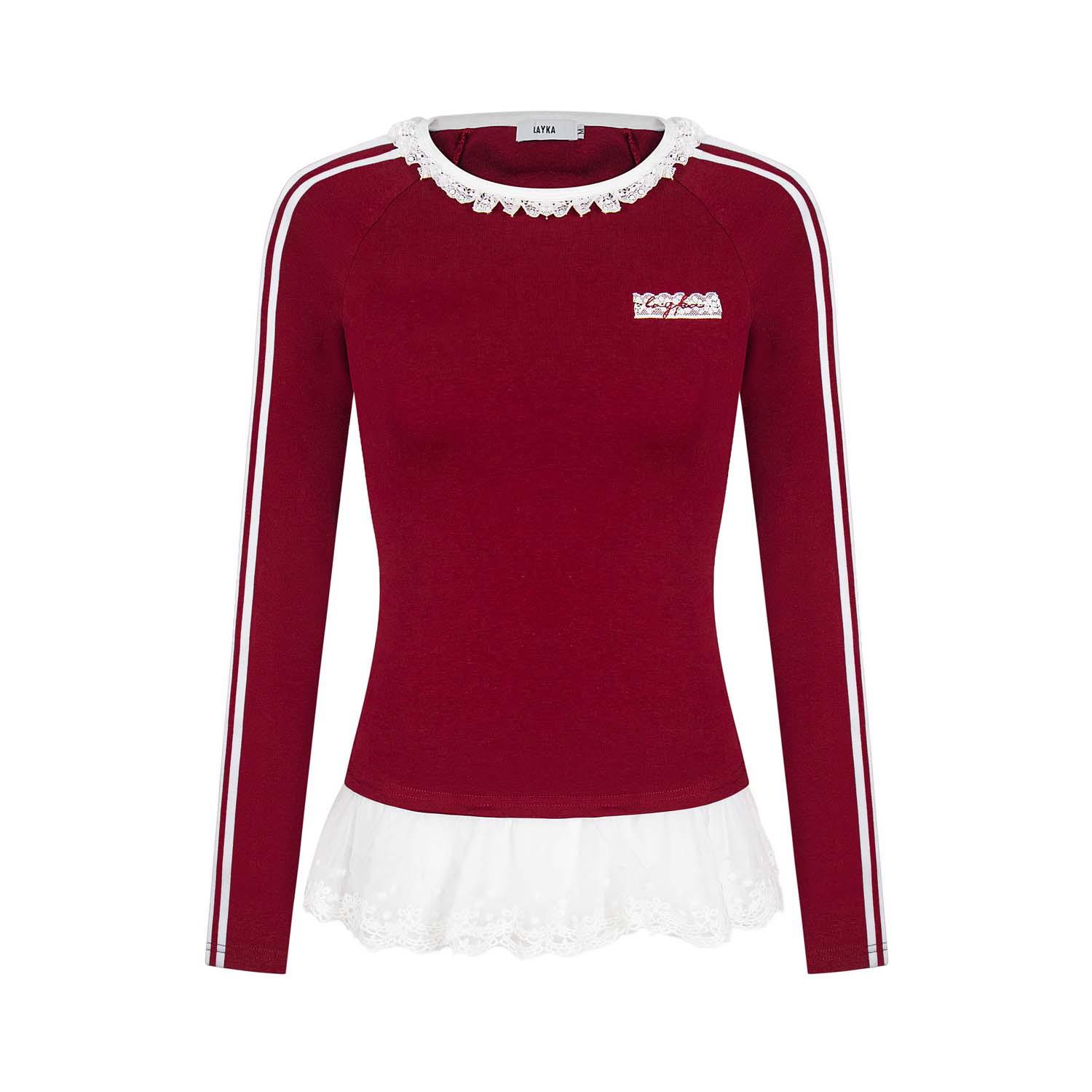 Американский ретро колор-блок кружевной приталенный красный топ с длинным рукавом для женщин, стройнящий, для весны и осени S