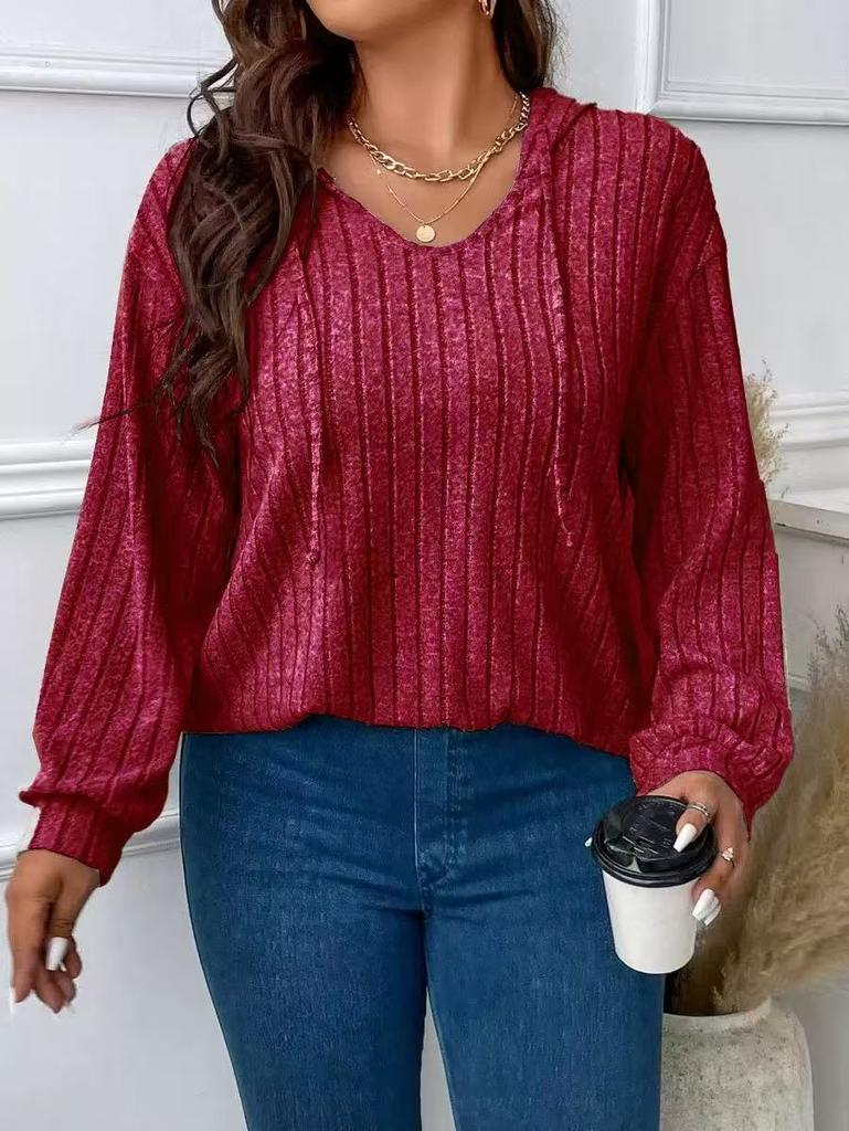 Plus Size Women Ribbed Knit Hooded Top V Neck Drawstring Long Sleeve Loose Casual T Shirt Fall Winter Basic Blouse