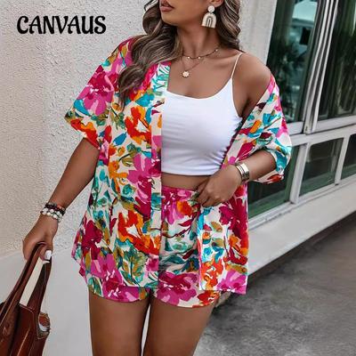 Traje de Pantalón de Verano para Mujer Talla Grande Temperamento Estampado Camisa Shorts