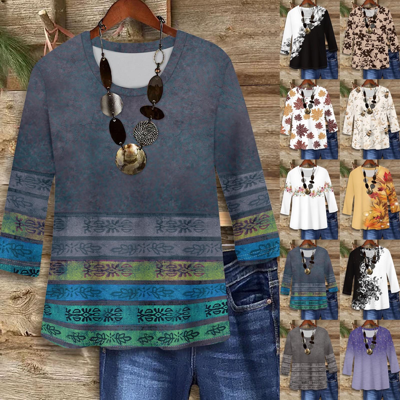 

3/4 Sleeve Shirts For Women Cute Print Graphic Tees Blouses Casual Plus Size Basic Tops Pullover XXL бежевий