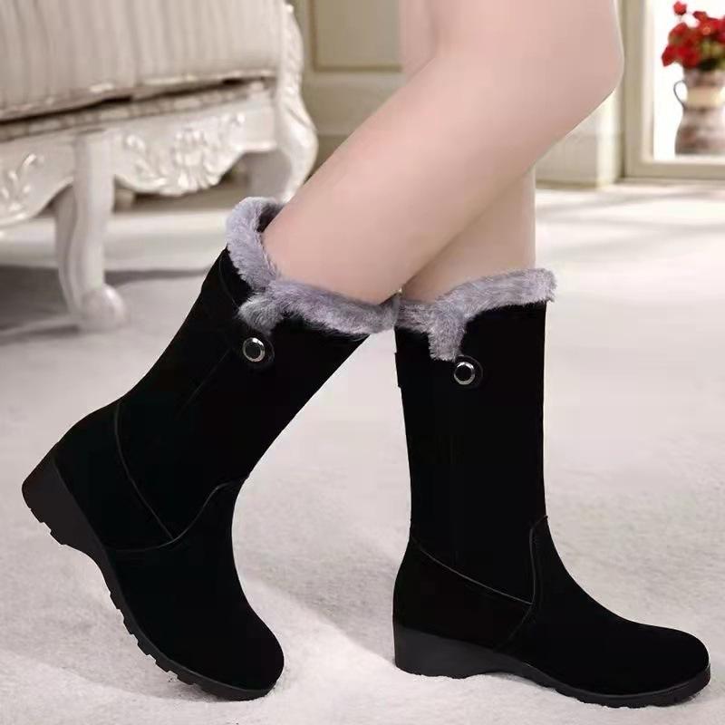 High Boots Women Warm Plush Suede Ladies Long Boots Comfortable Winter Female Wedge Cotton Shoes Mid-calf Fur Zapatos Mujer 2025