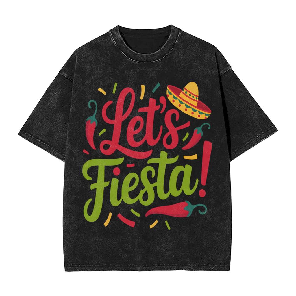 Men Women Tshirt Lets Party Fiesta Washed Tshirts Trendy Cool Summer Tees Y2k Retro Print Cotton Clothing New Arrival