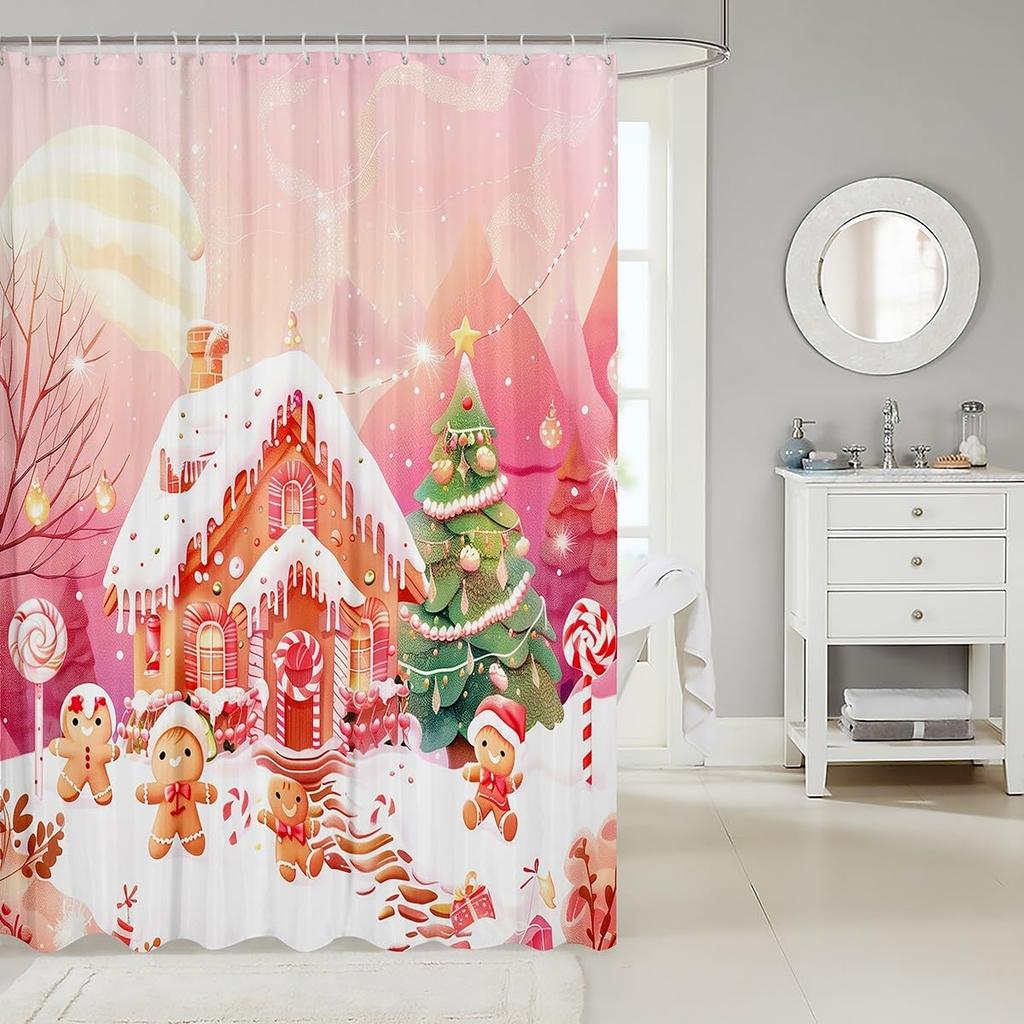 Christmas Gingerbread House Shower Curtain with Xmas Tree Snowflake Pattern, Waterproof Winter Bathroom Decor for Holiday Season
