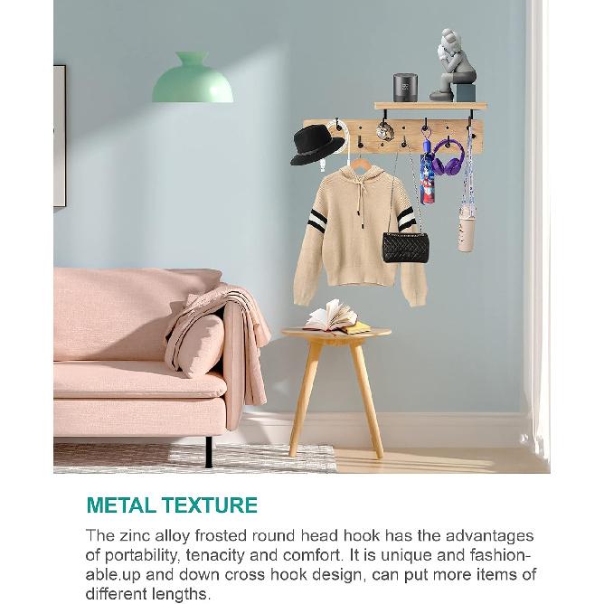 Wall Mounted Coat Rack with 8 Hooks & Storage Shelf - Multi-Functional Coat Hanger with Upper Shelf for Bathroom, Entrance, Living Room, Bedroom -