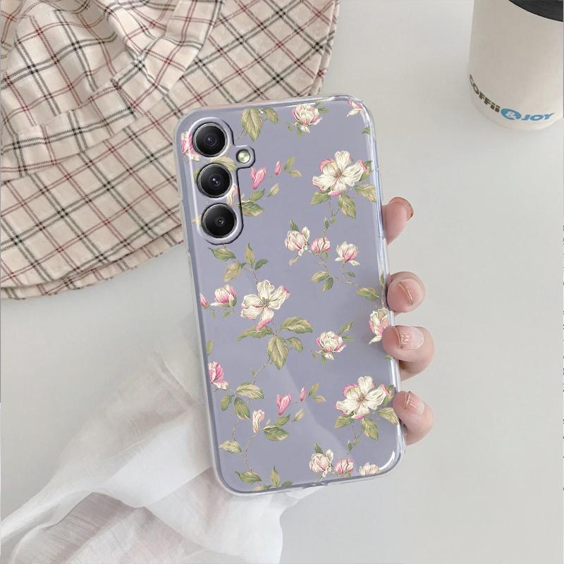 Fashion Flower Soft Clear Silicone Case For Xiaomi Redmi Note 13 14T 15 Samsung A55 A35 S24 FE iPhone Huawei Honor Camera Protective Shockproof Cover