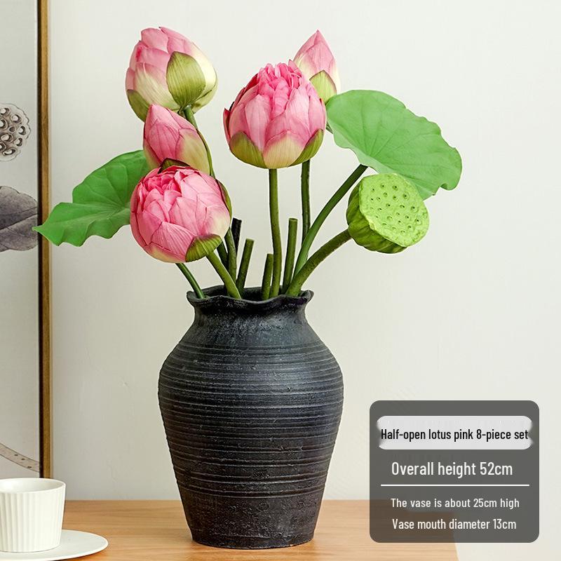 Chinese Lotus Artificial Flower Decoration for Living Room and Dining Table - Realistic Floral Arrangement with Lotus Leaf.
