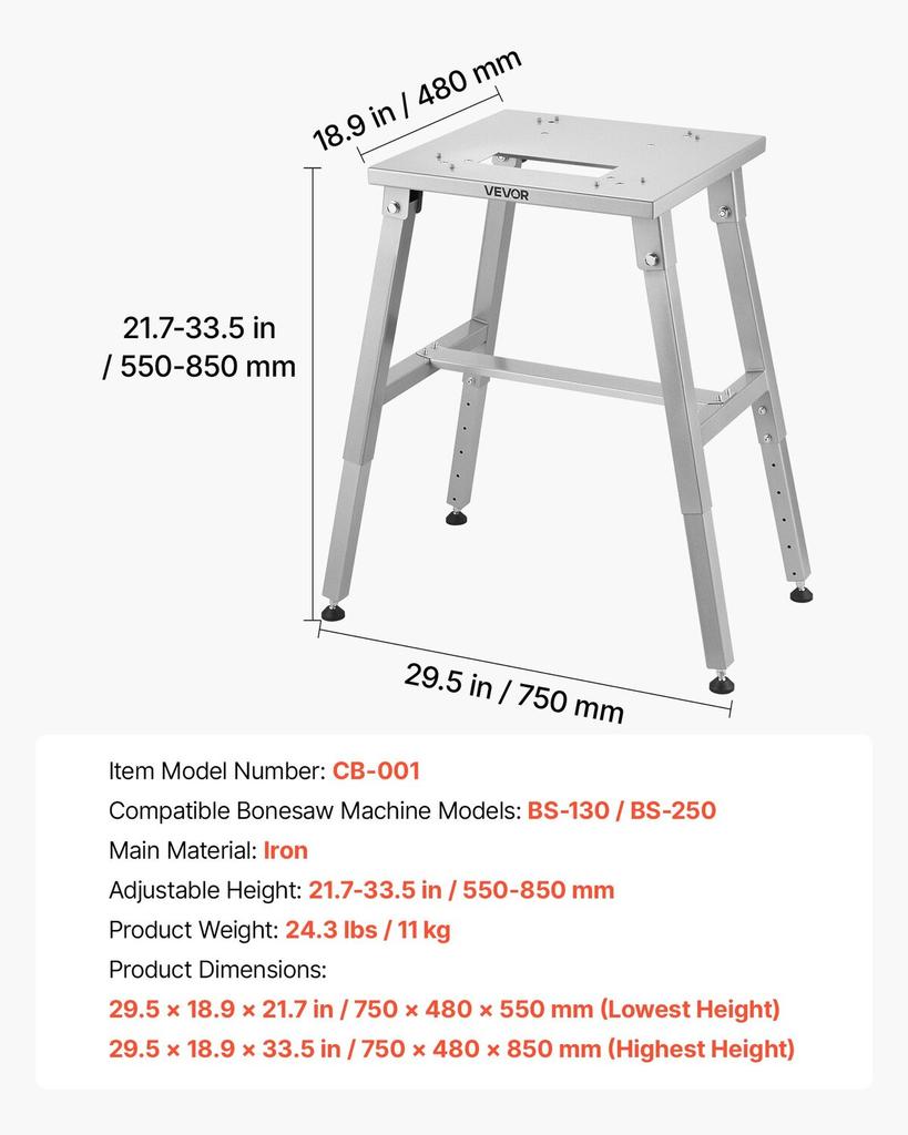 Electric Meat Bandsaw Stand, Floor Stand with Adjustable Height, Stable H-Shaped Frame, Anti-Slip Foot Pads, for Our Bone Saw Machine, Compatible with