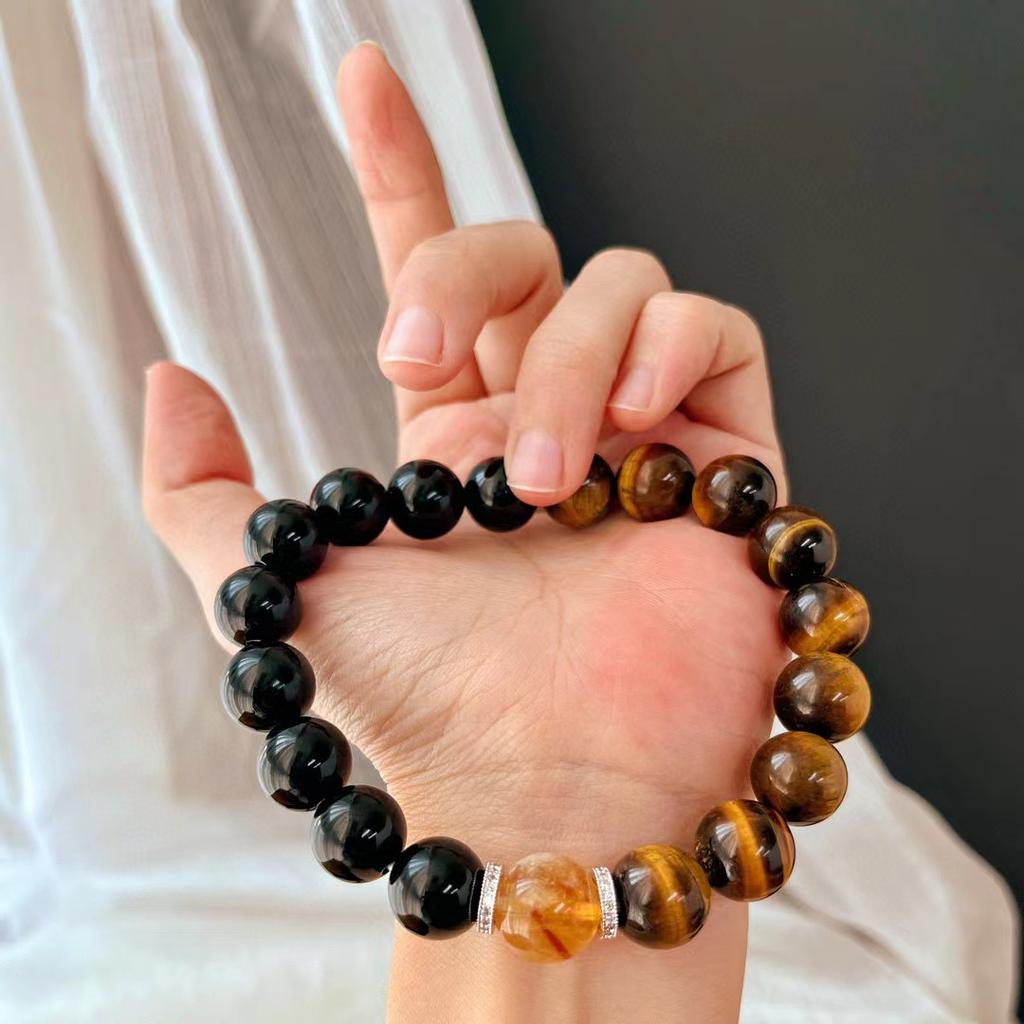 Retro Natural Tiger'S Eye Stone Black Agate Citrine Bracelet Maillard Style Bracelet.