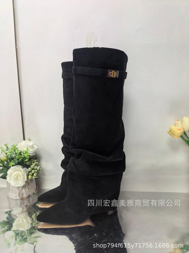 2025 women's shoes pointed straight pleated metal buckle medium long boots large size thick heel trouser tube boots