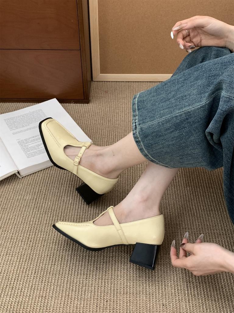 French Retro Square Head Thick Heel Single Shoes Female Spring and Autumn New Evening Wind Korean Version Fairy High Heels Mary Jane Small Lea