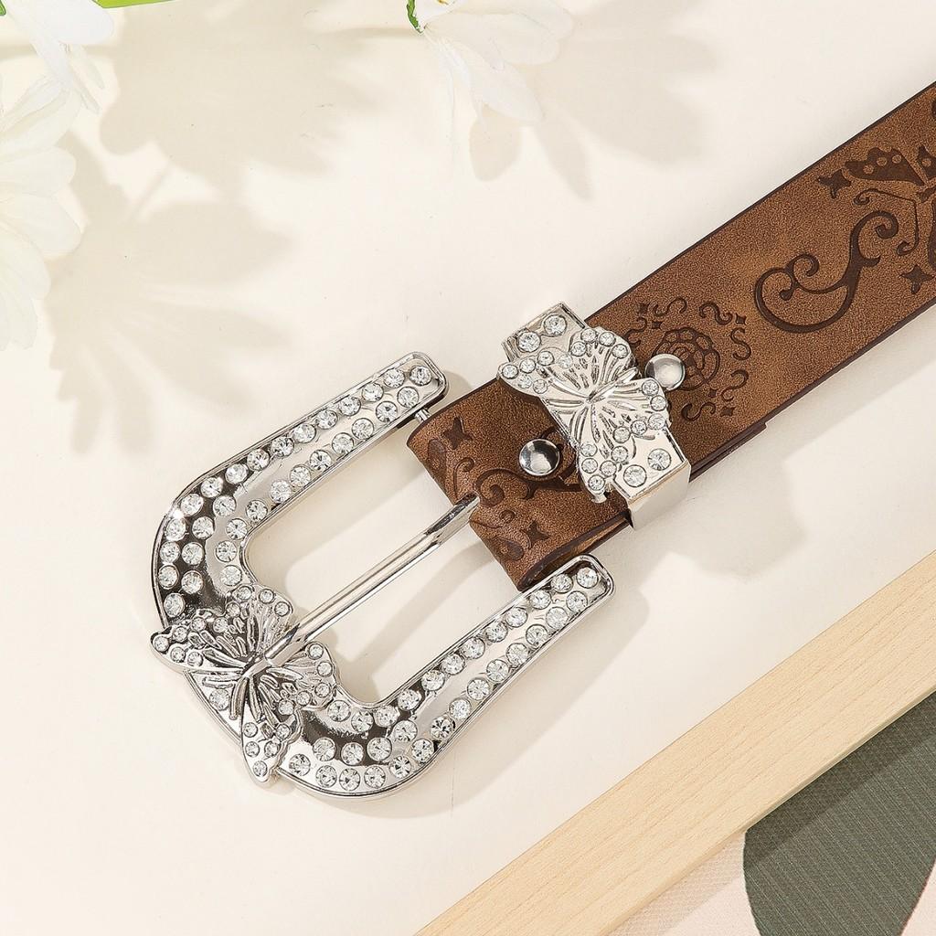 Vintage American Style Pu Leather Belt With Butterfly Crystal Buckle For Women