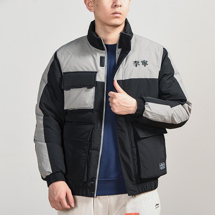 Li Ning Stand Collar Casual Color Block Short Warm Down Jacket Men Jacket Black Iron Gray AYMQ125-2