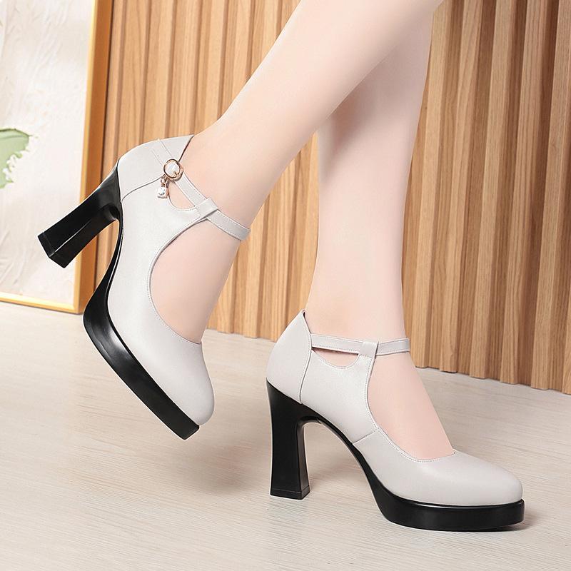 Miękkie skórzane buty robocze model jednosłowowa klamra wodoodporny stół gruby obcas zintegrowany z butami do tańca z czongsam wysokie obcasy damski rozmiar 34