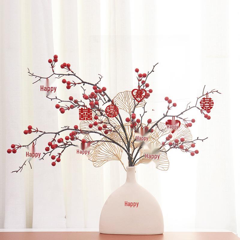 Red Berry Bonsai Scene Ornament for Wedding and Living Room Decor
