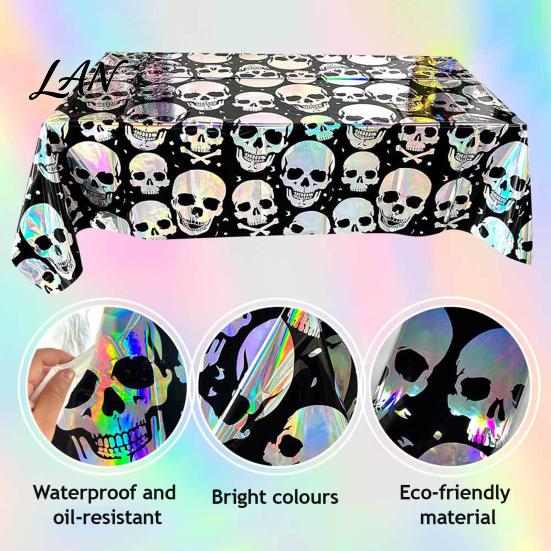 Halloween Background Skull Foil Fringe Curtain, Iridescent Disposable Tablecloth, Decorative Curtain Table Cover Tinsel Backdrop for Holiday