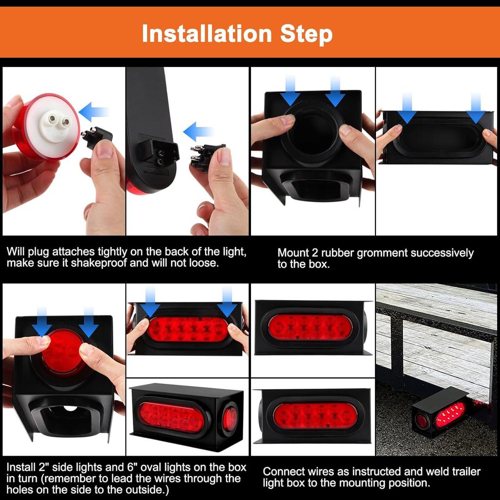 2Pcs Steel Trailer Light Housing Kit w/6' Oval LED Tail Lights & 2' Round Side Markers, Red, 10+4 LED, with Grommets & Connector