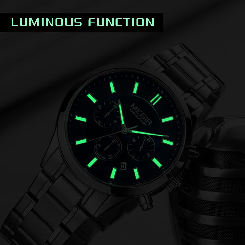 MEGIR Luxury Business Quartz Watch for Men Stainless Steel Strap Luminous Date Waterproof Male Casual Wristwatch Chronograph Clock 2150