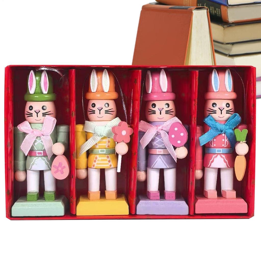 4 Pieces Easter Bunny Nutcracker 10cm Cute Little Rabbit Pendant Decorative Wooden Easter Rabbit Tabletop Ornaments