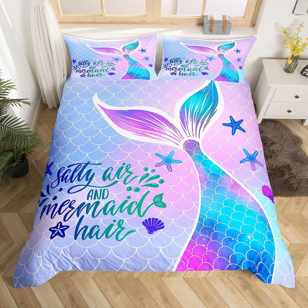 Erosebridal Mermaid Tail Comforter Cover,Kids Fish Scales Duvet Cover Twin,Girly Shell Starfish Bedding Set Ocean Life Sea Animal Bed Sets P
