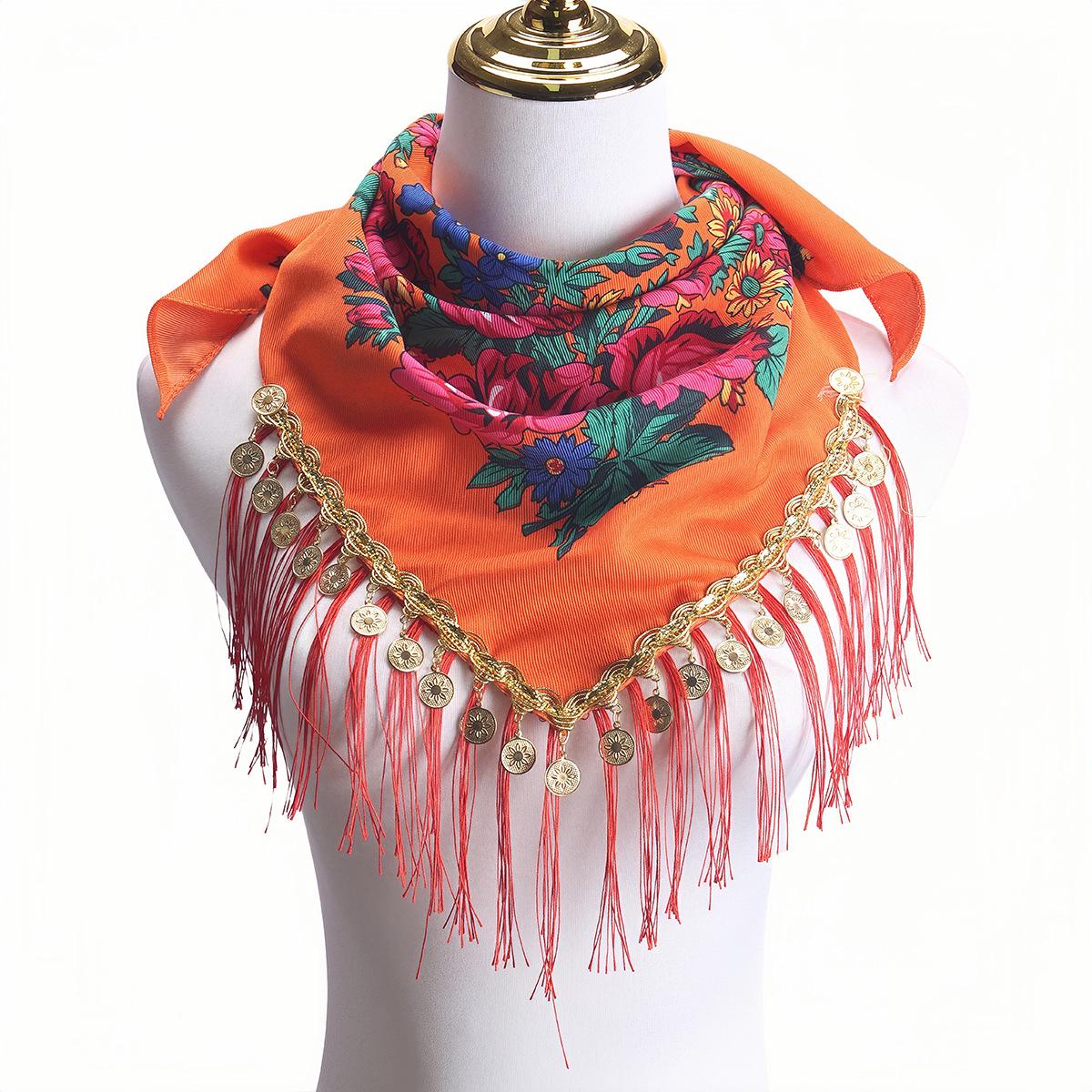 Retro Ethnic Peony Scarf with Chain & Tassels, Breathable Fashion Sun Protection Triangle Scarf оранжевый