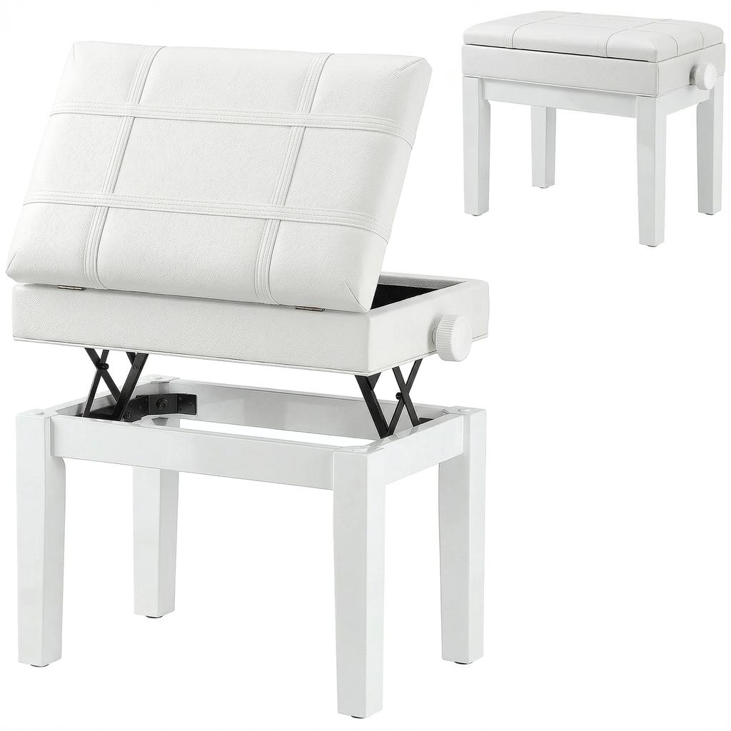 Piano Bench Stool, Storage, Adjustable Height, Hevea Wood, White