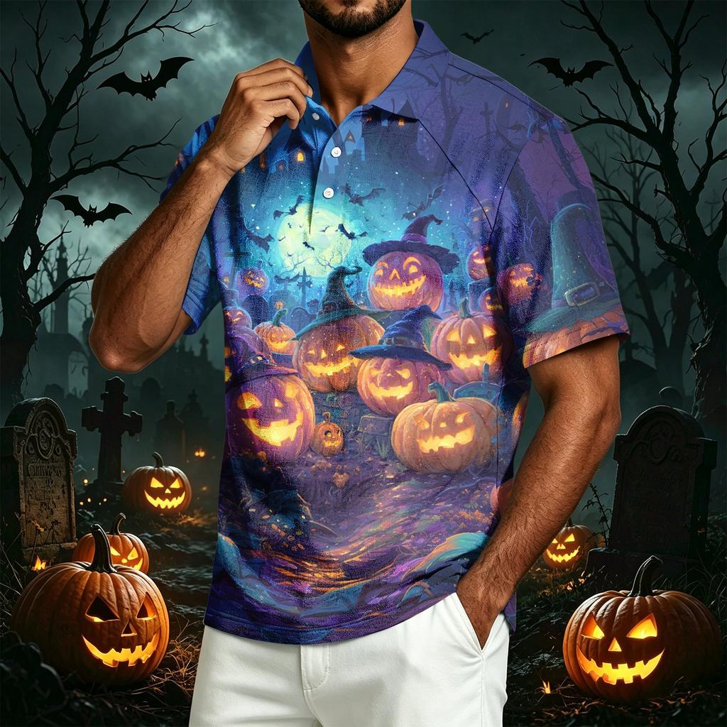 Men's Casual Short Sleeve Polo Shirt Lightweight Breathable Cotton Linen Fabric Halloween Print Design Button Down Collar