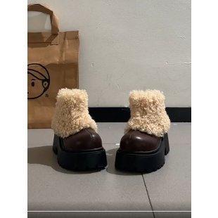 Plush thick-soled fluffy high-heeled short boots women's autumn and winter brown snow boots new cotton boots women's