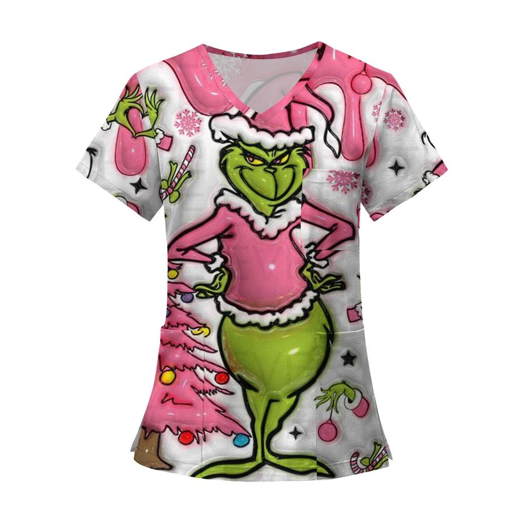 Damenmode Bedruckte Kurzarm-Oberteile mit V-Ausschnitt und Muster, Taschen, Arbeits-T-Shirts