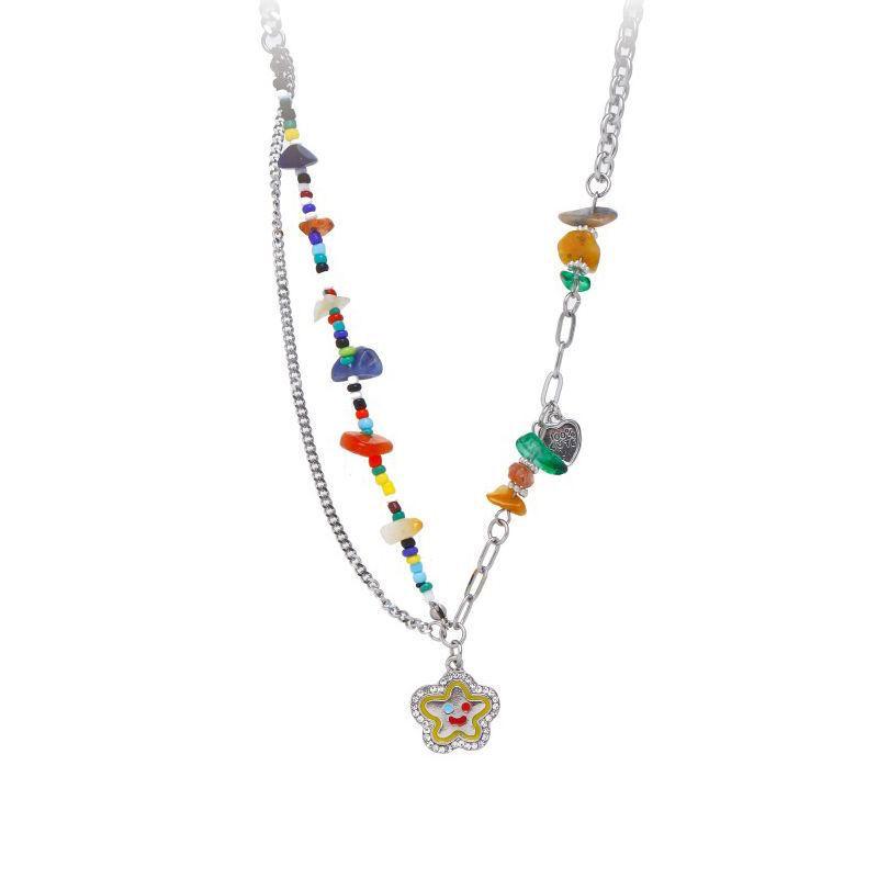 Цветная бусина Смайлик Цветок Камень Сращивание Ожерелье Нишевый Дизайн Личности Чувство Премиум Сладкий и Крутой Девушка-Специя Аксессуары