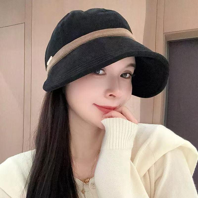 Retro Corduroy Versatile Casual Travel Face Small Warm Pile Bucket Hat Women