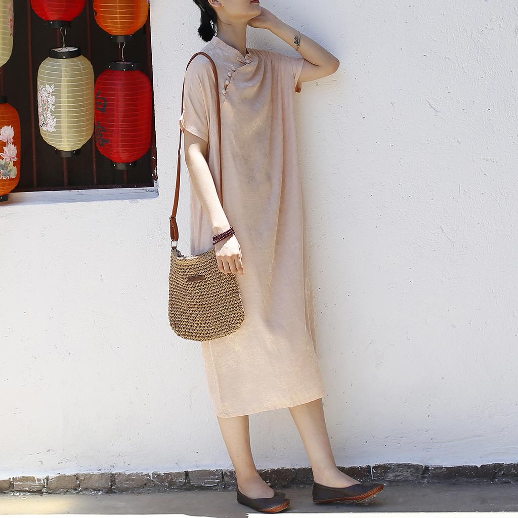 Johnature Vintage Stand Short Sleeve Dress For Women Solid Color Summer A-Line Chinese Style Female Dress