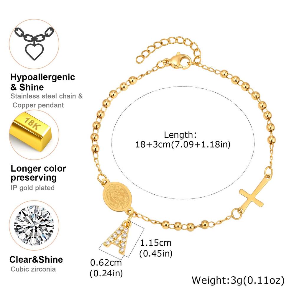 Stainless Steel Rosary Virgin Mary Beaded Bracelets with A-Z Initial Letter Pendant, Gold Plated Religion Jewelry for Women