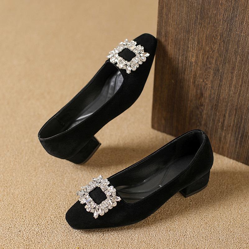 Spring new Korean inner heightening rhinestone square head shallow mouth single shoes gentle suede not tired feet shoes