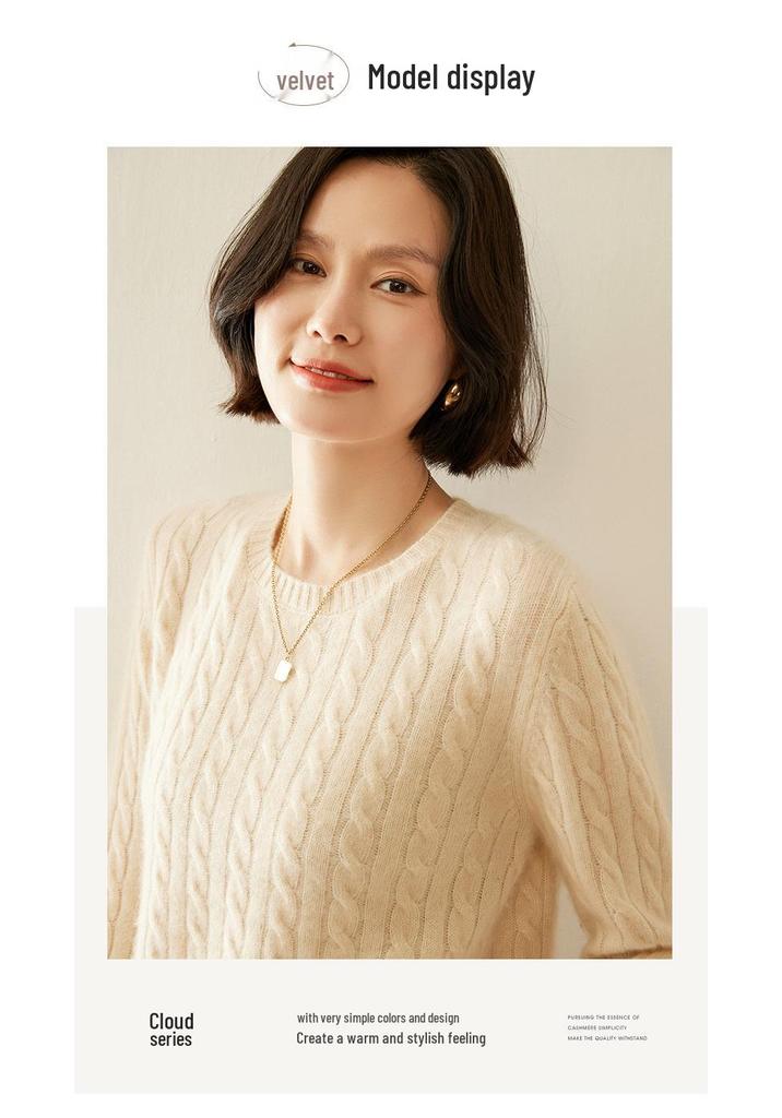Women's Retro Cable Knit Cashmere Pullover Sweater, Round Neck, Slim-Fit, Autumn/Winter 2024 Collection