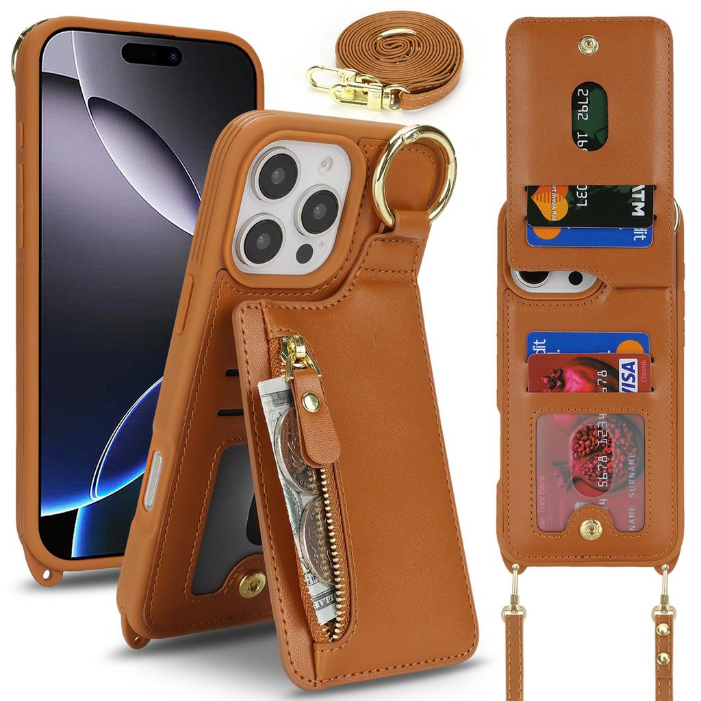 Applicable To iPhone16 Mobile Phone Case 16Pro Solid Color Zipper Change Bag Insert Card Ring Bracket Oblique Span Protective Case