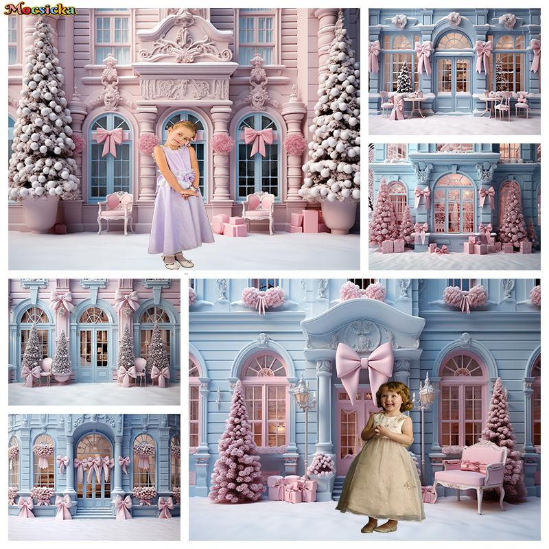 Mocsicka Christmas Backdrop Photography House Pink Bow Xmas Tree Snow Decorations Family Party Child Photo Backgrounds Wallpaper168