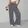 Lace-up Leopard Print Pants Baggy Floor Length Britches Straight Leg Loose Trousers  Streetwear