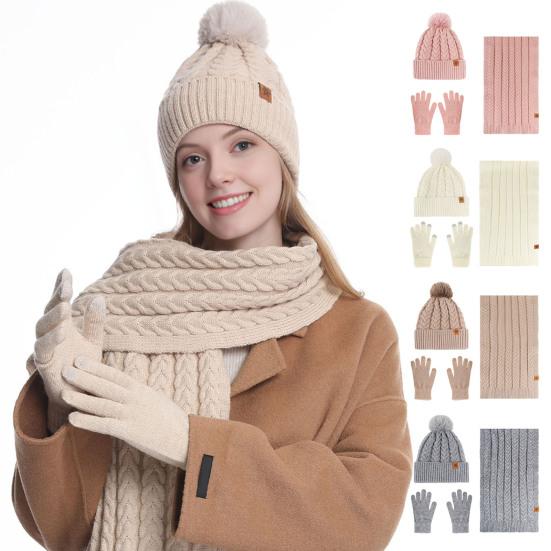Winter Hat Scarf Gloves Set for Women Fleece Lined Pom Pom Skull Cap Long Scarf And Gloves Set Warm Knit 3 Pcs Set for Cold Weather