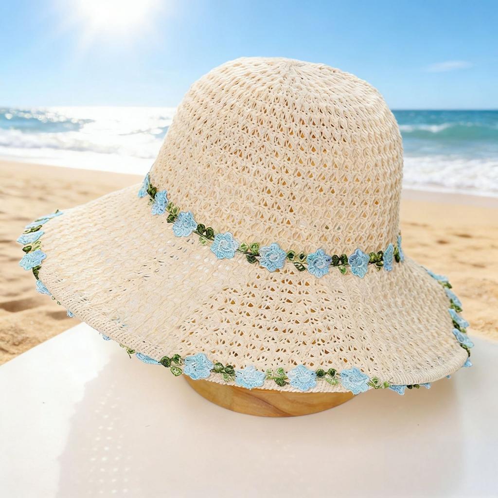 New Small Fresh Lace Straw Hat Sunshade, Summer Sunscreen Travel Big Brim Bucket Hat Hollow