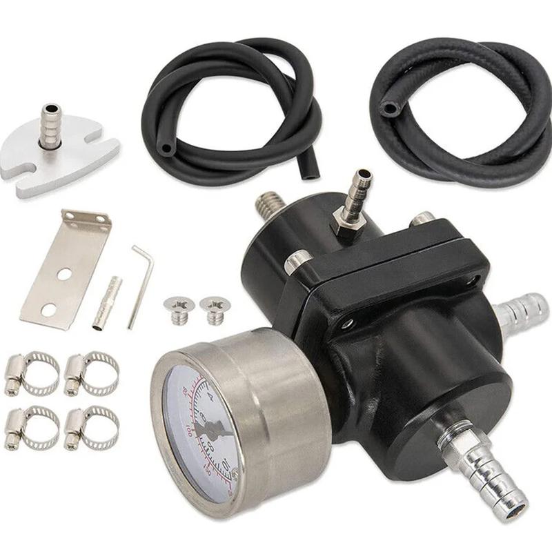 Aluminum Universal Adjustable Fuel Pressure Regulator + Gauge+ Fitting Kit Black