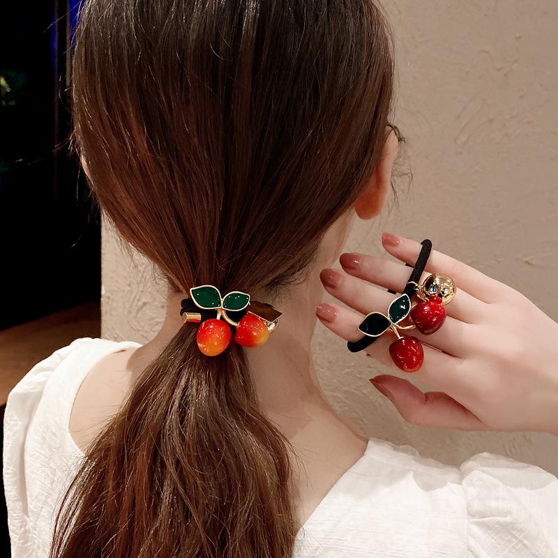 Korean Style Cherry Elastic Hair Tie - Durable, No Damage Ponytail Holder, Mori Style Headwear
